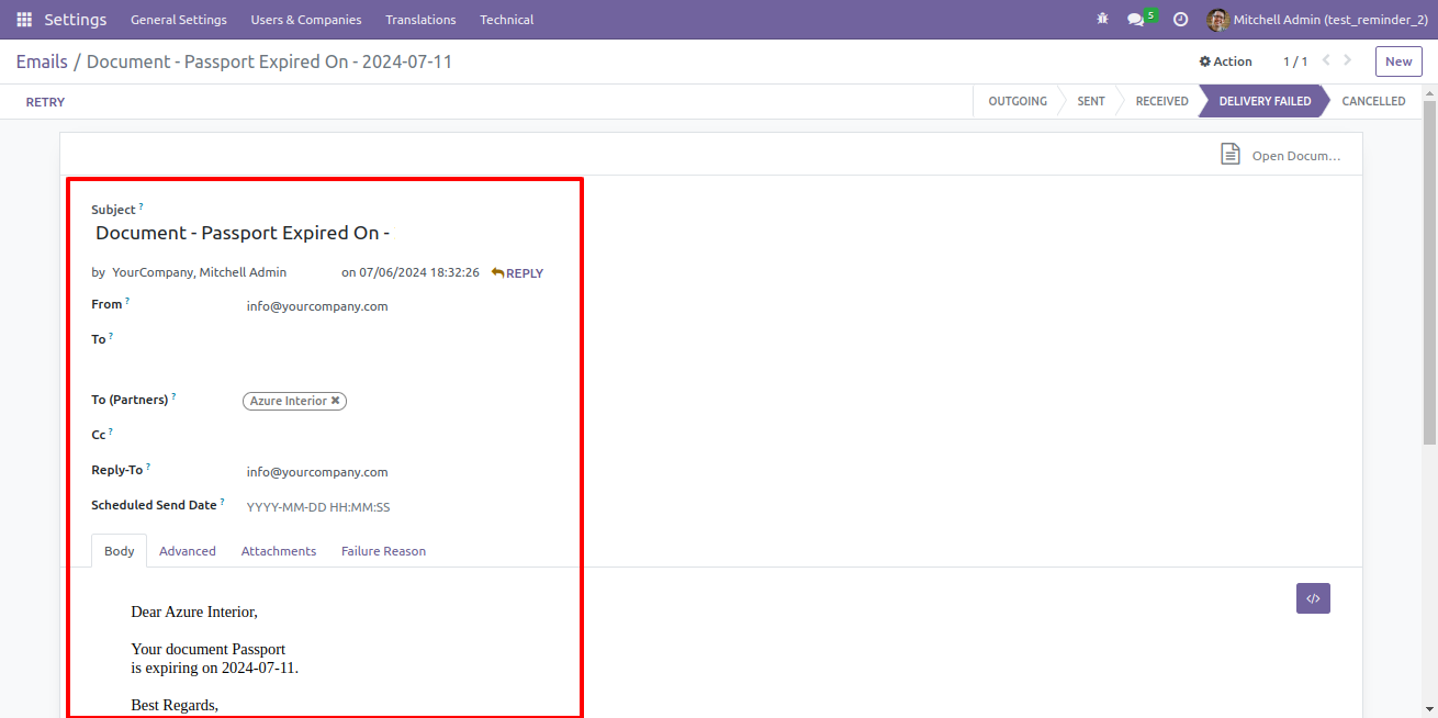 Send Document Reminder Email Screenshot