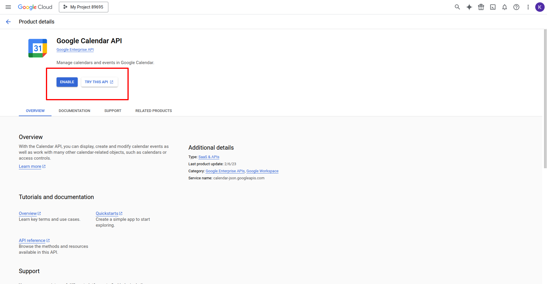 Select the Google Calendar API