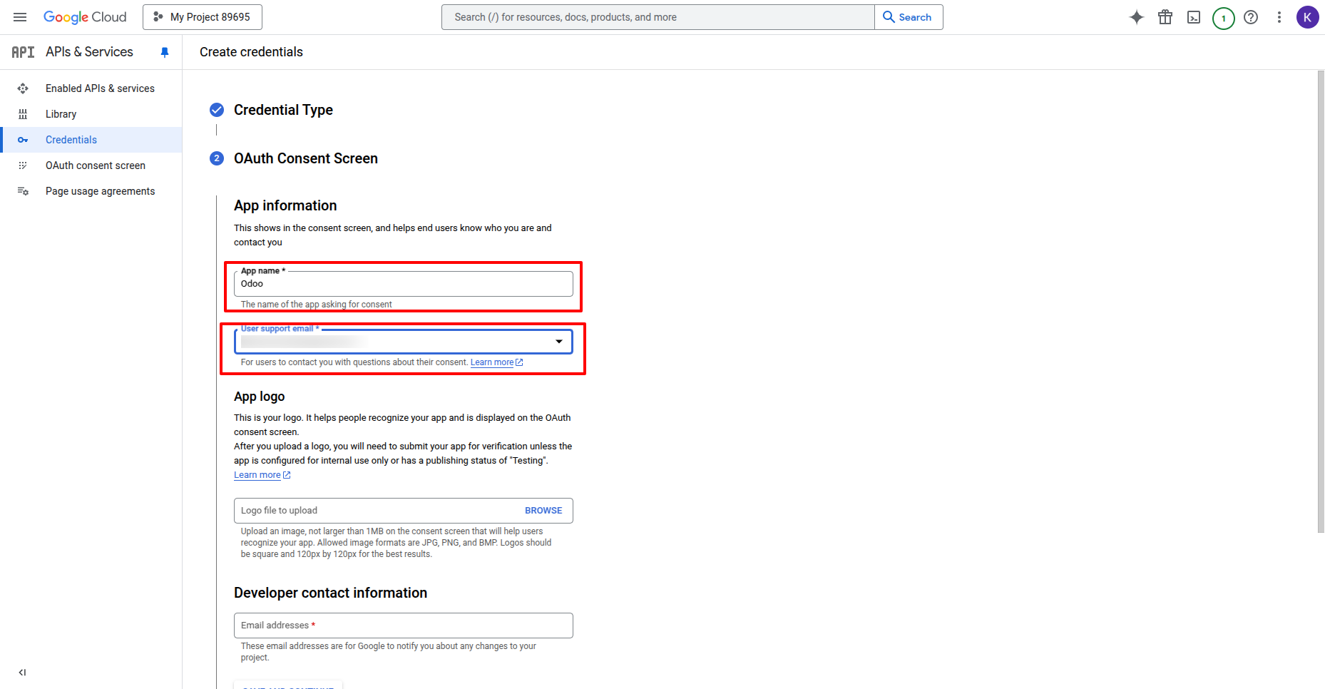 App name and Email address