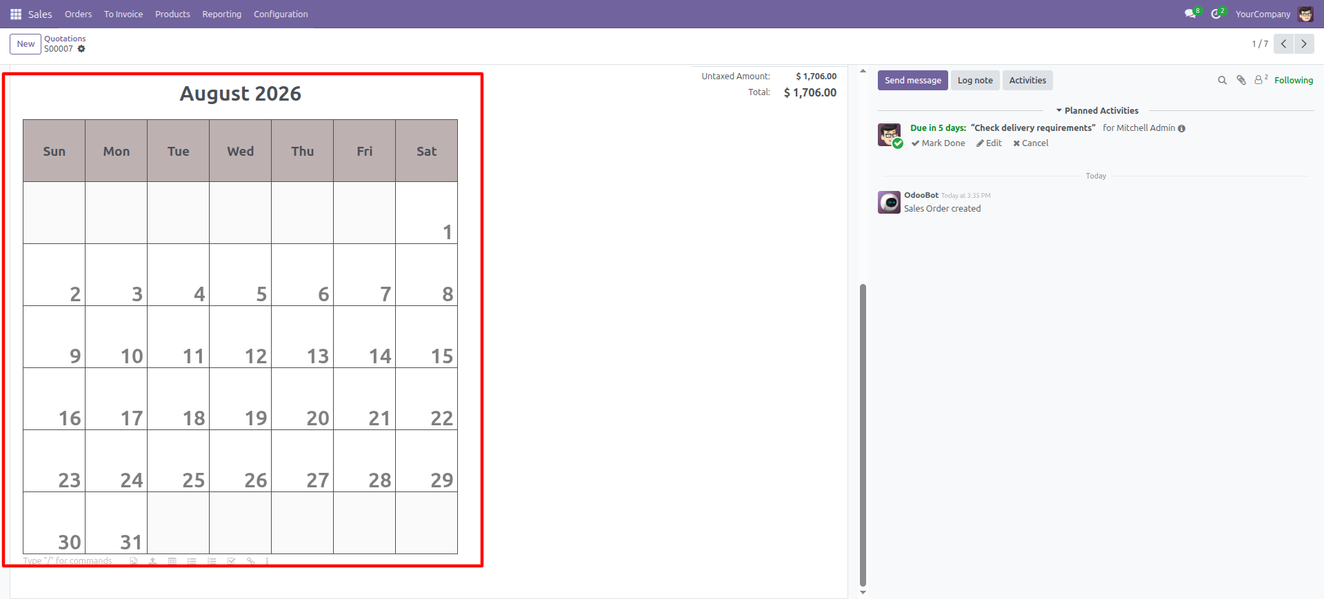 Inserted Calendar Table