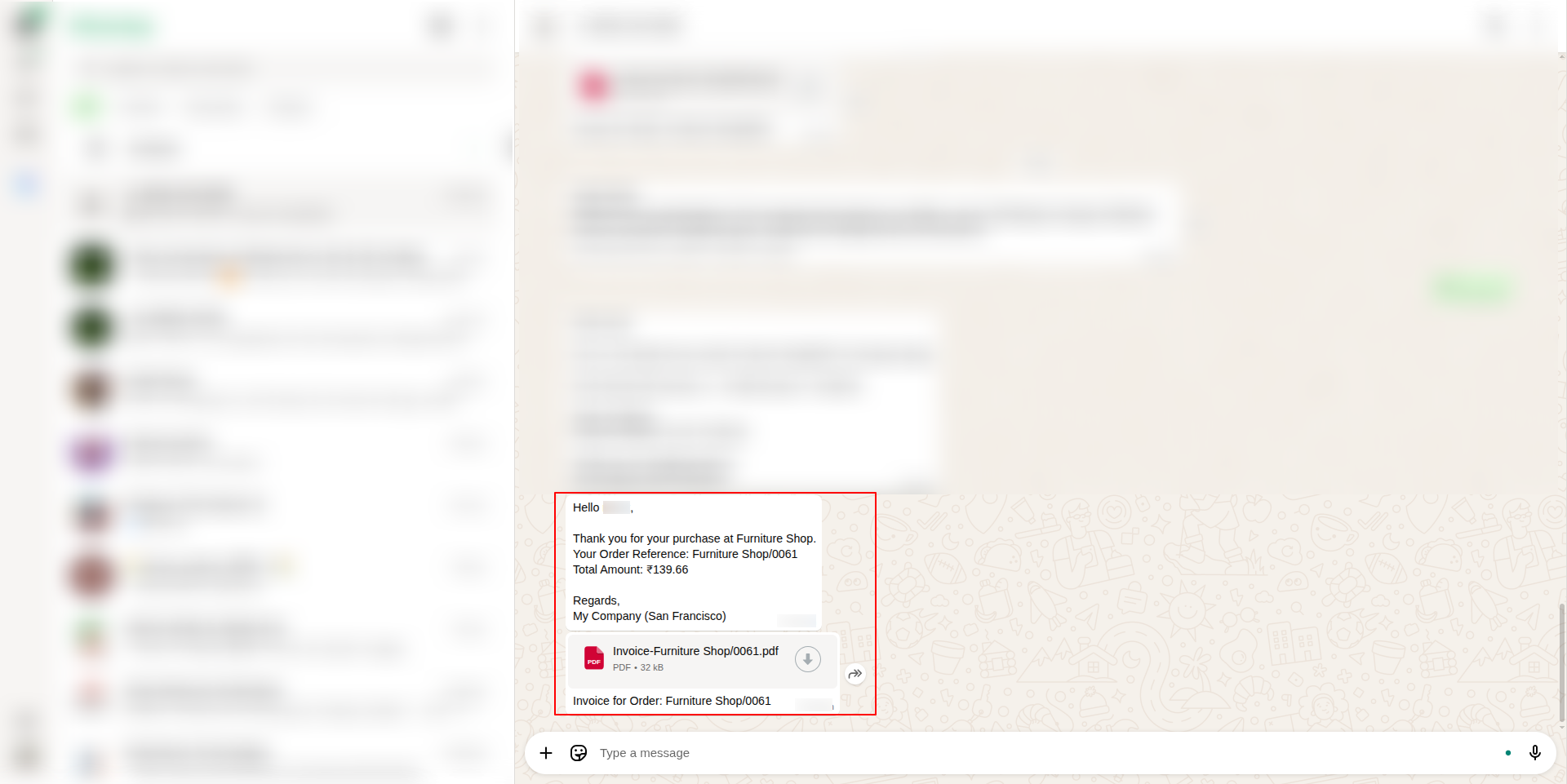 WhatsApp Message Delivery with Invoice PDF