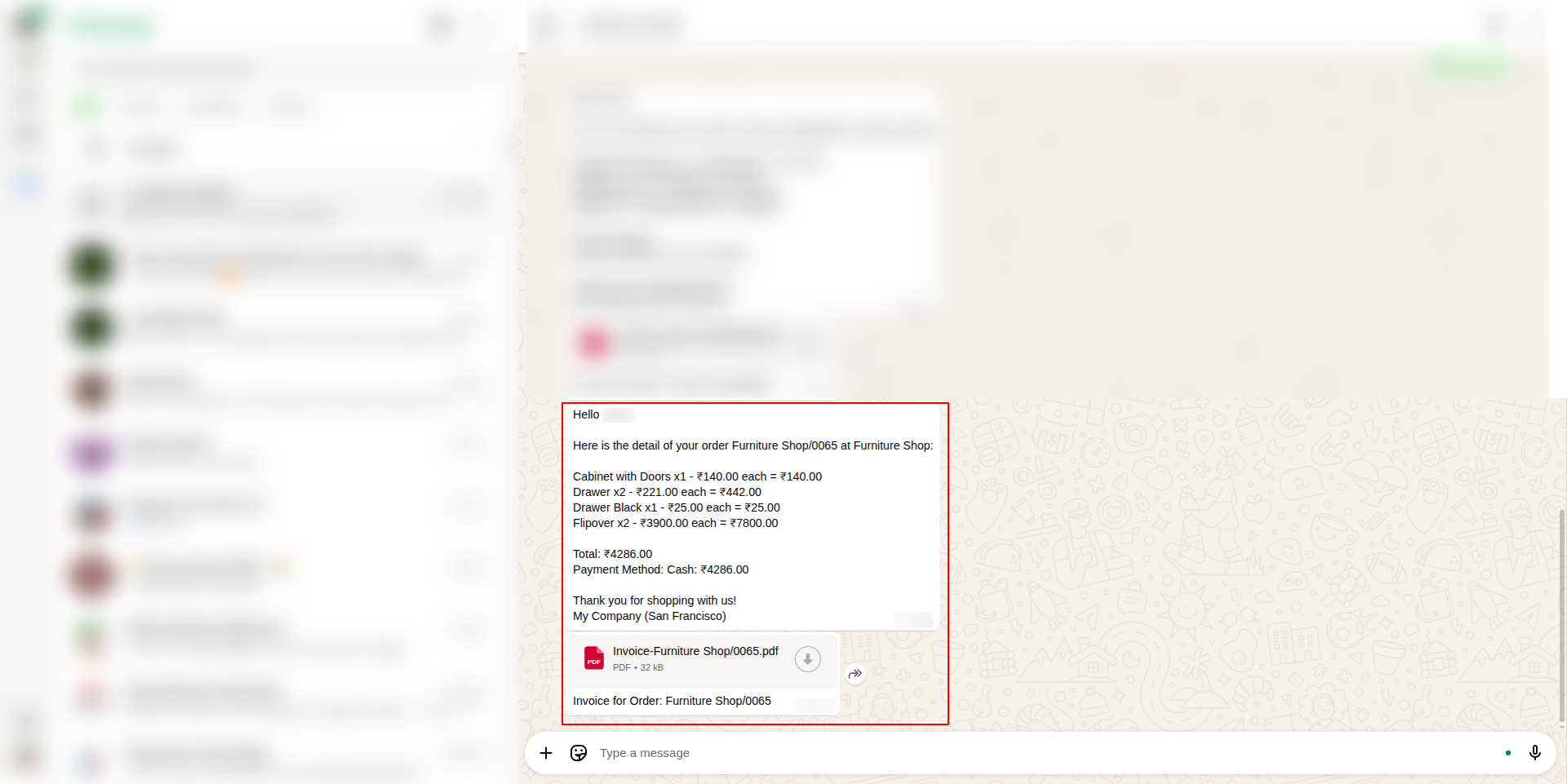 Default WhatsApp Message with Invoice