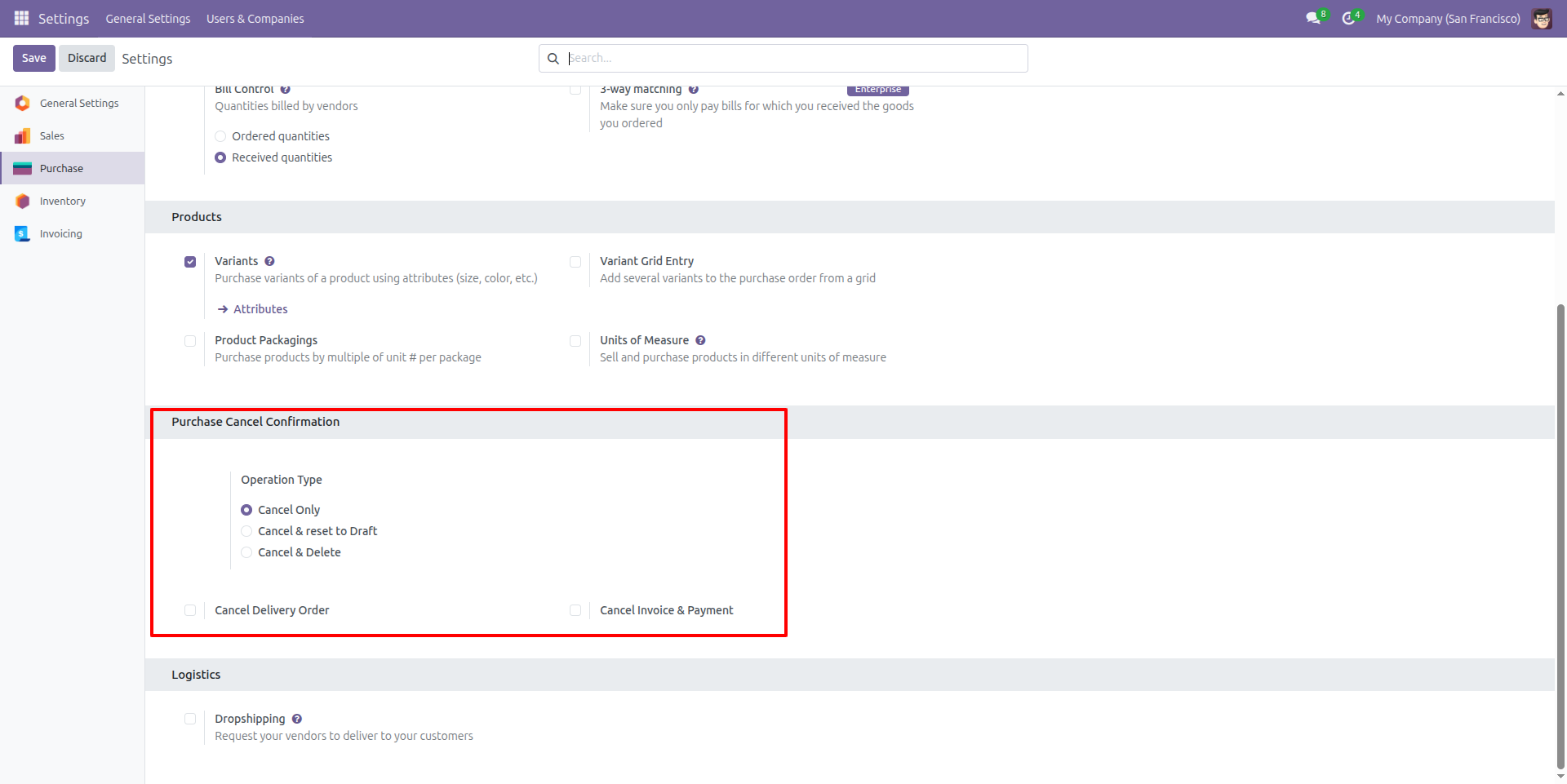 Purchase Order Cancellation Settings