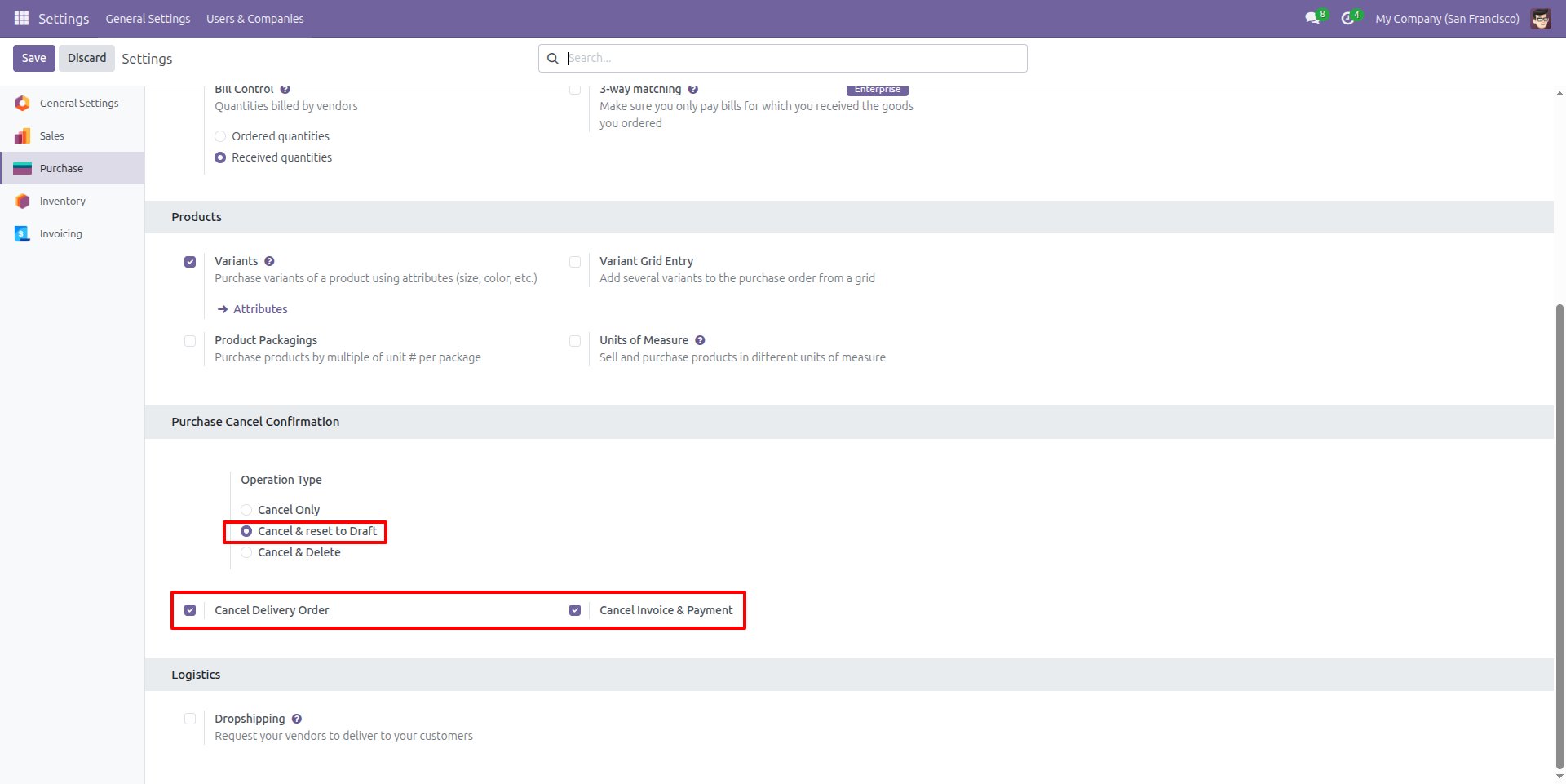Purchase Cancel & Reset to Draft Configuration