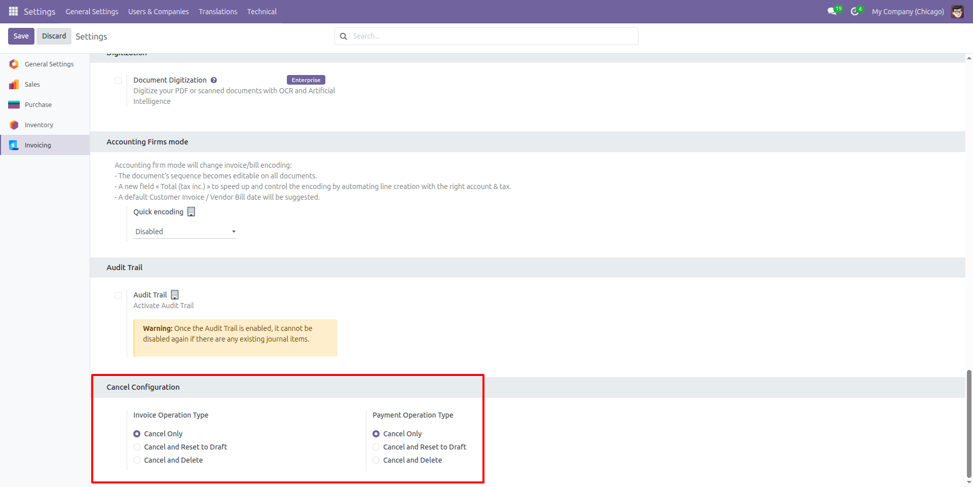 Invoice and Payment Cancel Configuration
