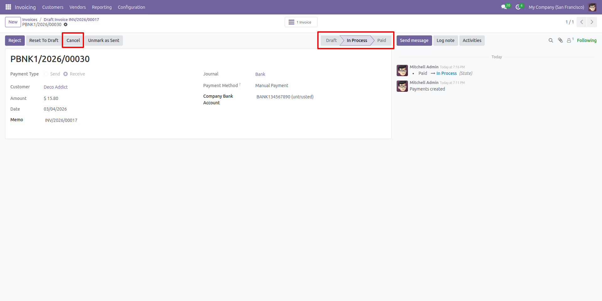 Cancel Customer Payment from In Process State