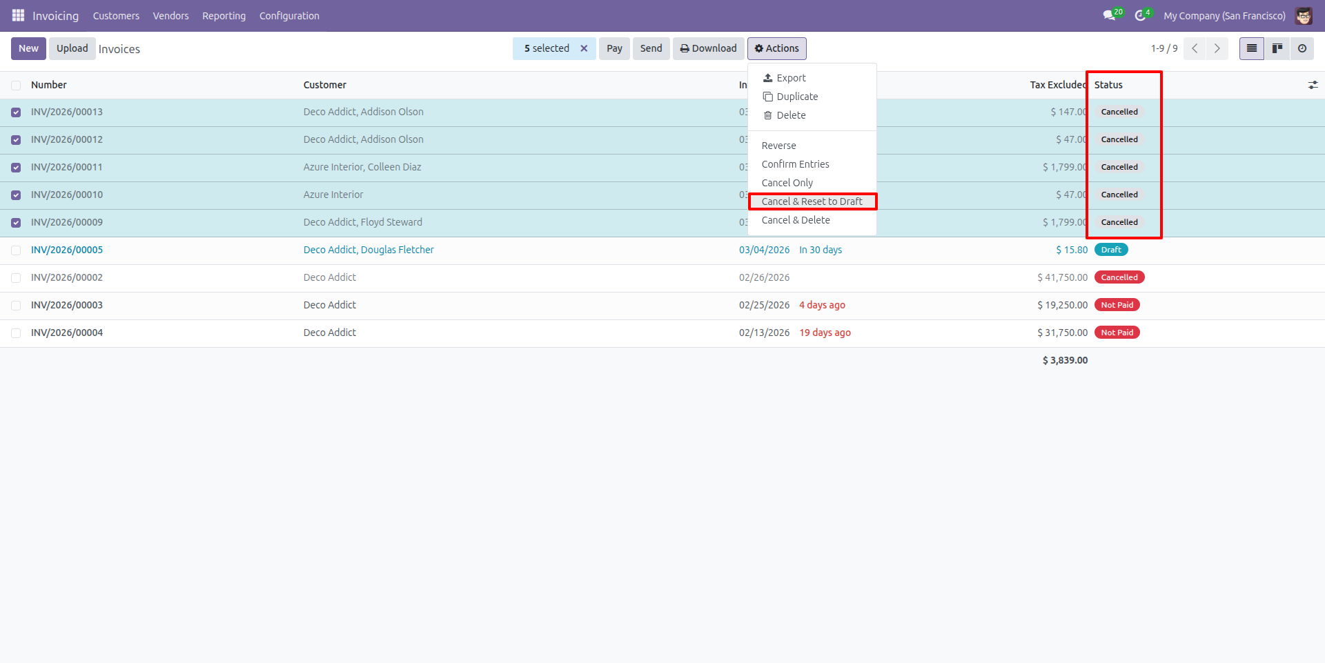 Bulk Invoice Reset to Draft Using “Cancel & Reset to Draft”