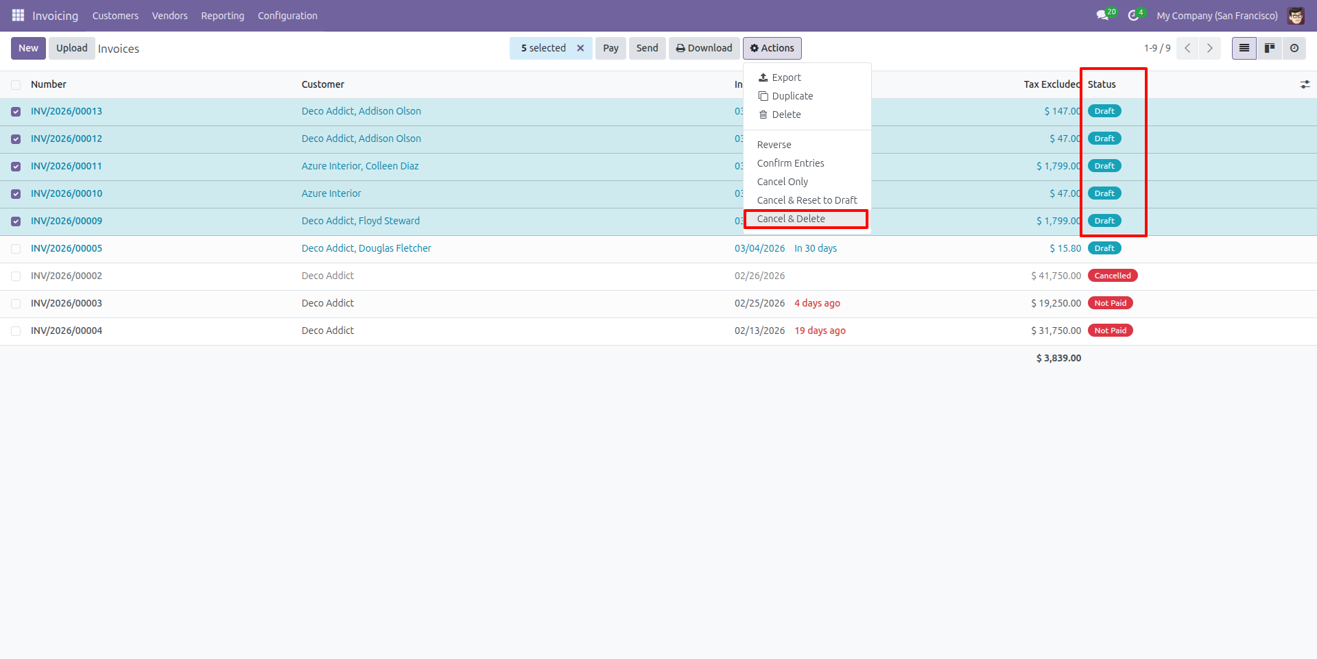 Bulk Delete of Invoices Using Cancel & Delete Action