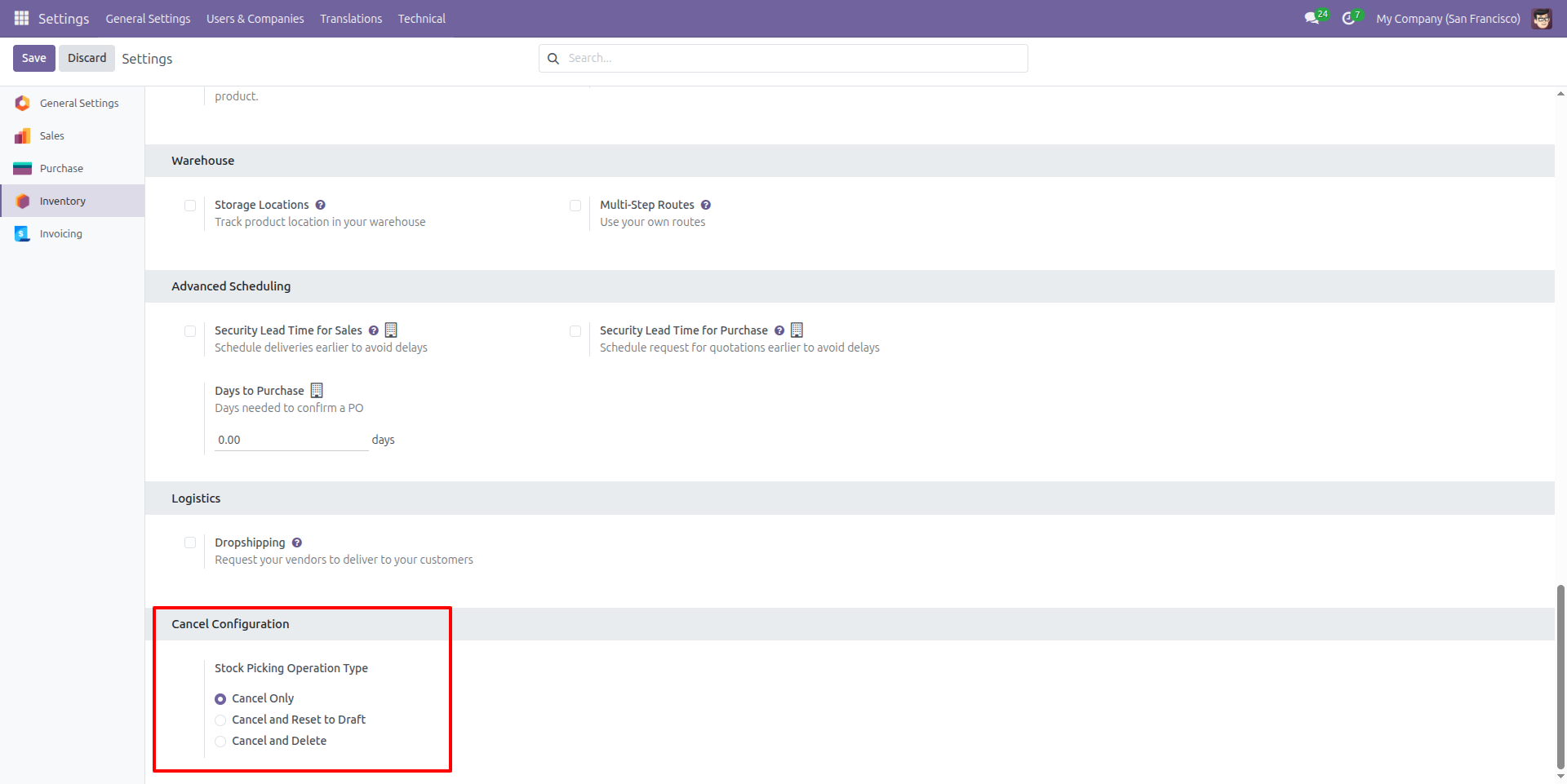 Stock Picking Cancel Configuration Settings
