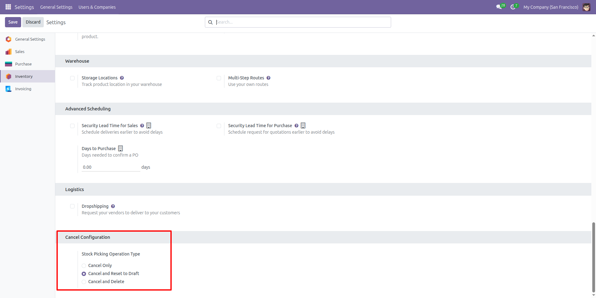 Stock Picking Cancel Configuration Settings