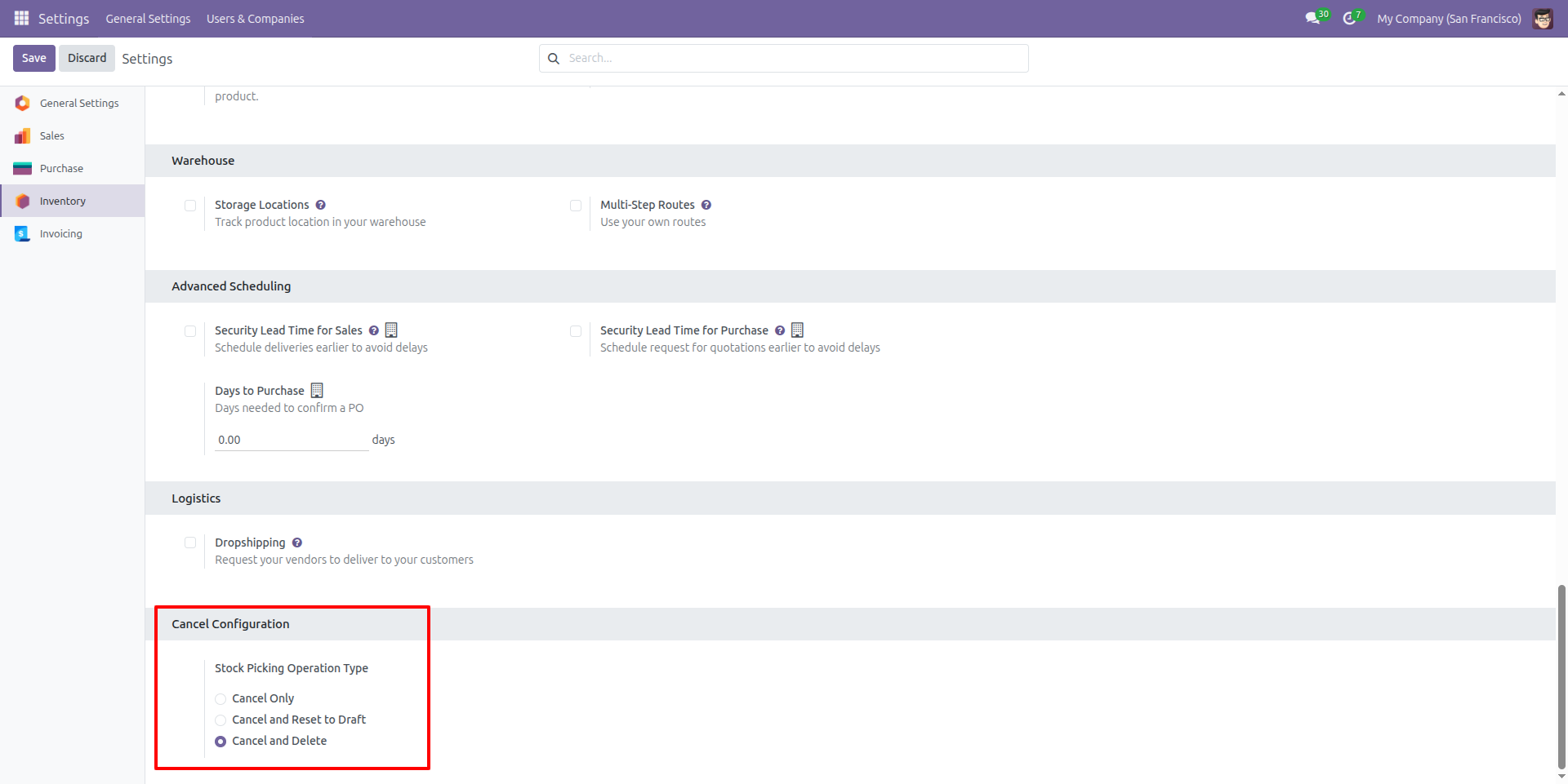 Cancel and Delete Configuration for Stock Picking