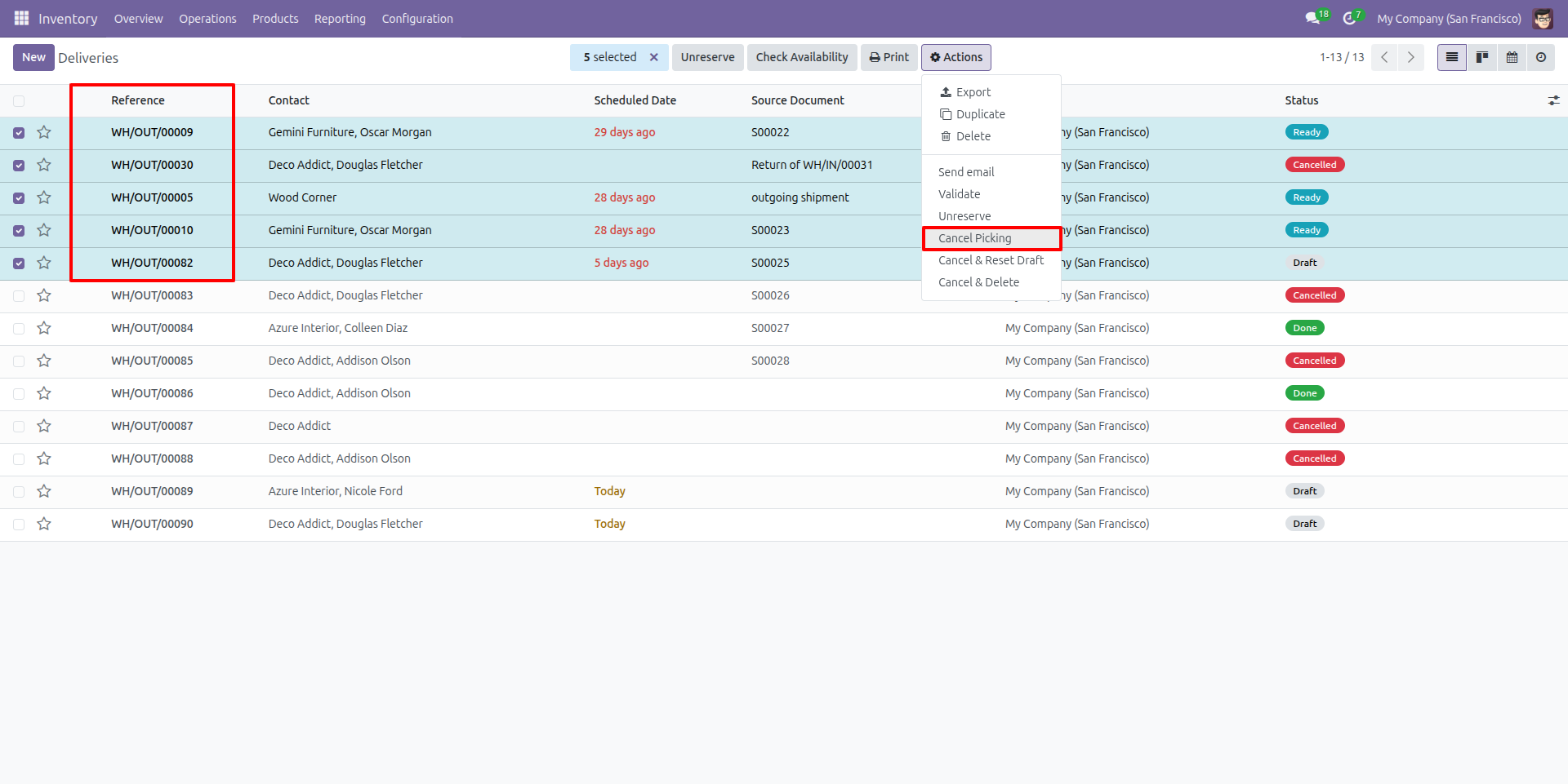 Bulk Cancel Stock Picking via Action Menu