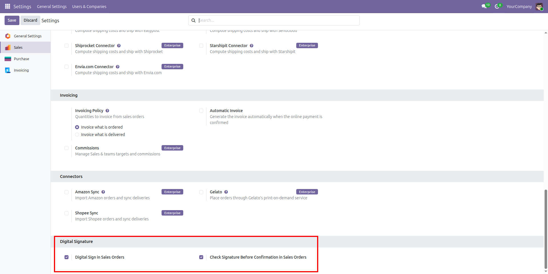 Sales Digital Signature Settings