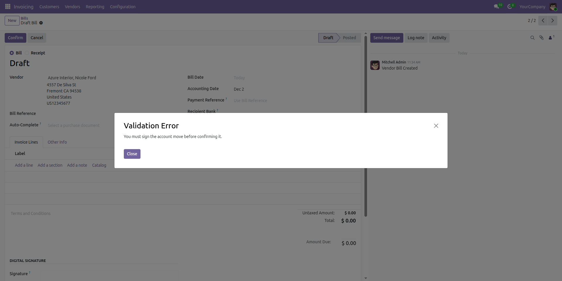 Vendor Bill Signature Validation