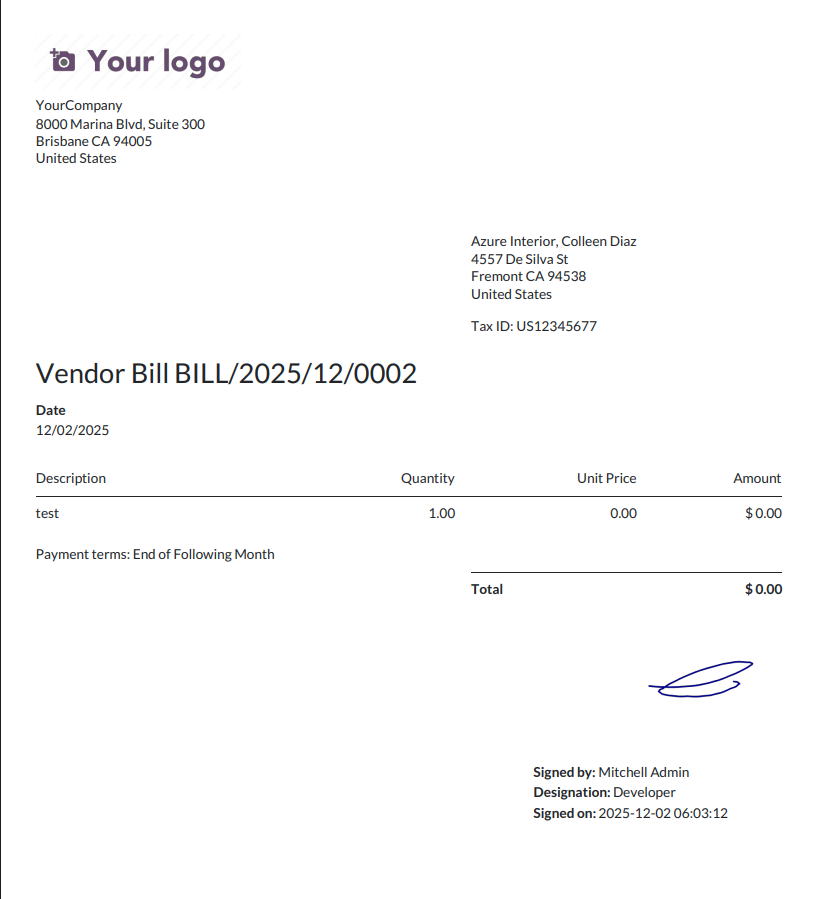Vendor Bill PDF with Digital Signature