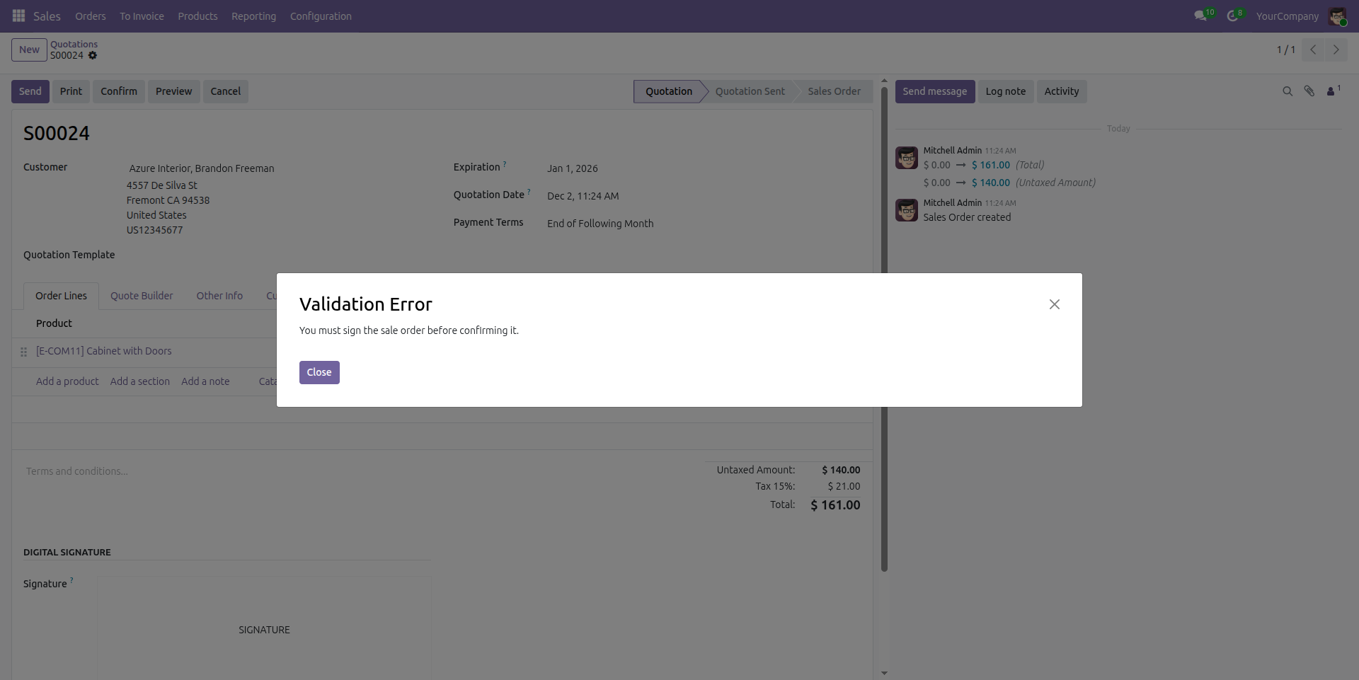 Sales Order Signature Validation