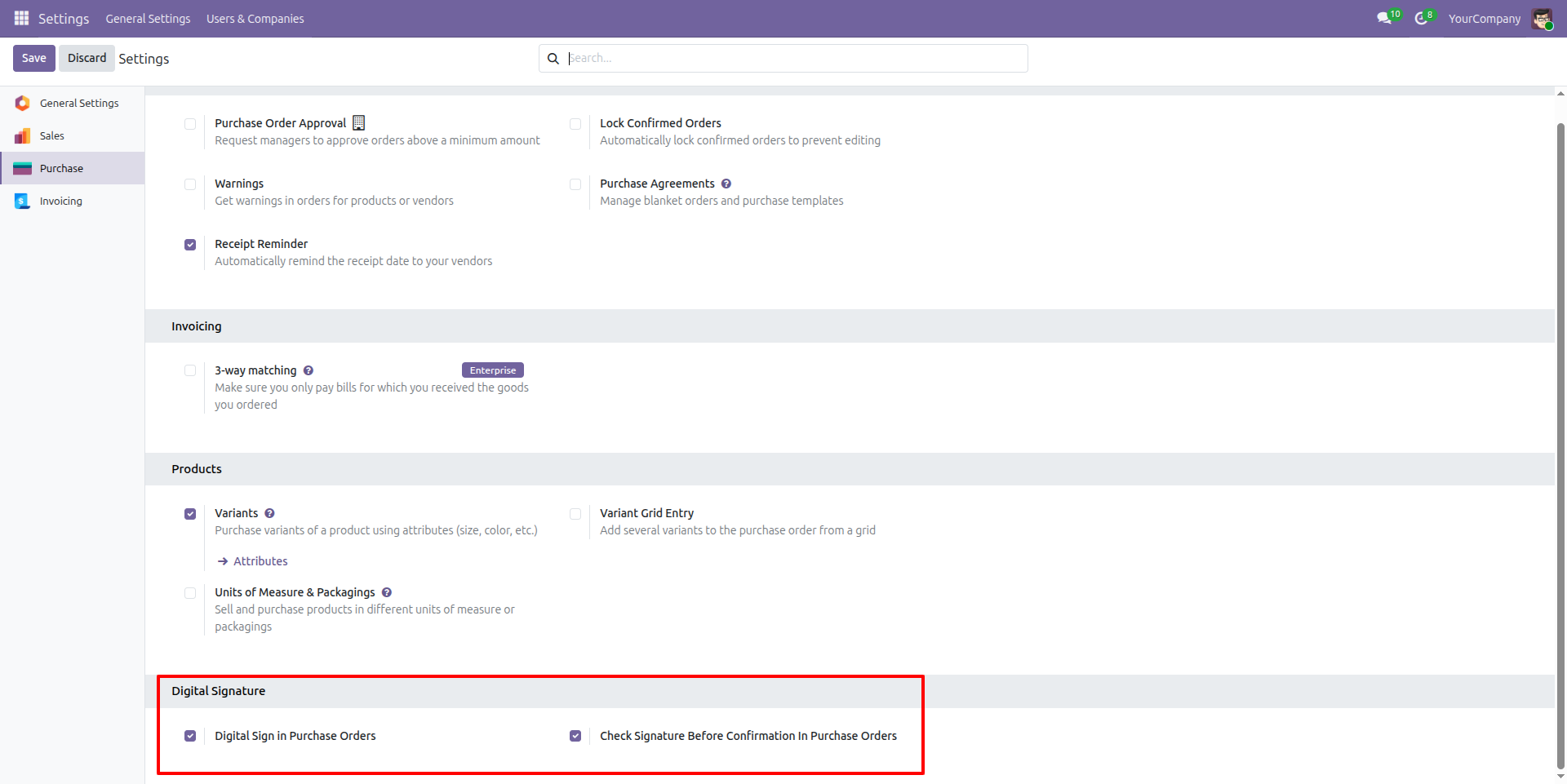 Purchase Order Digital Signature Settings