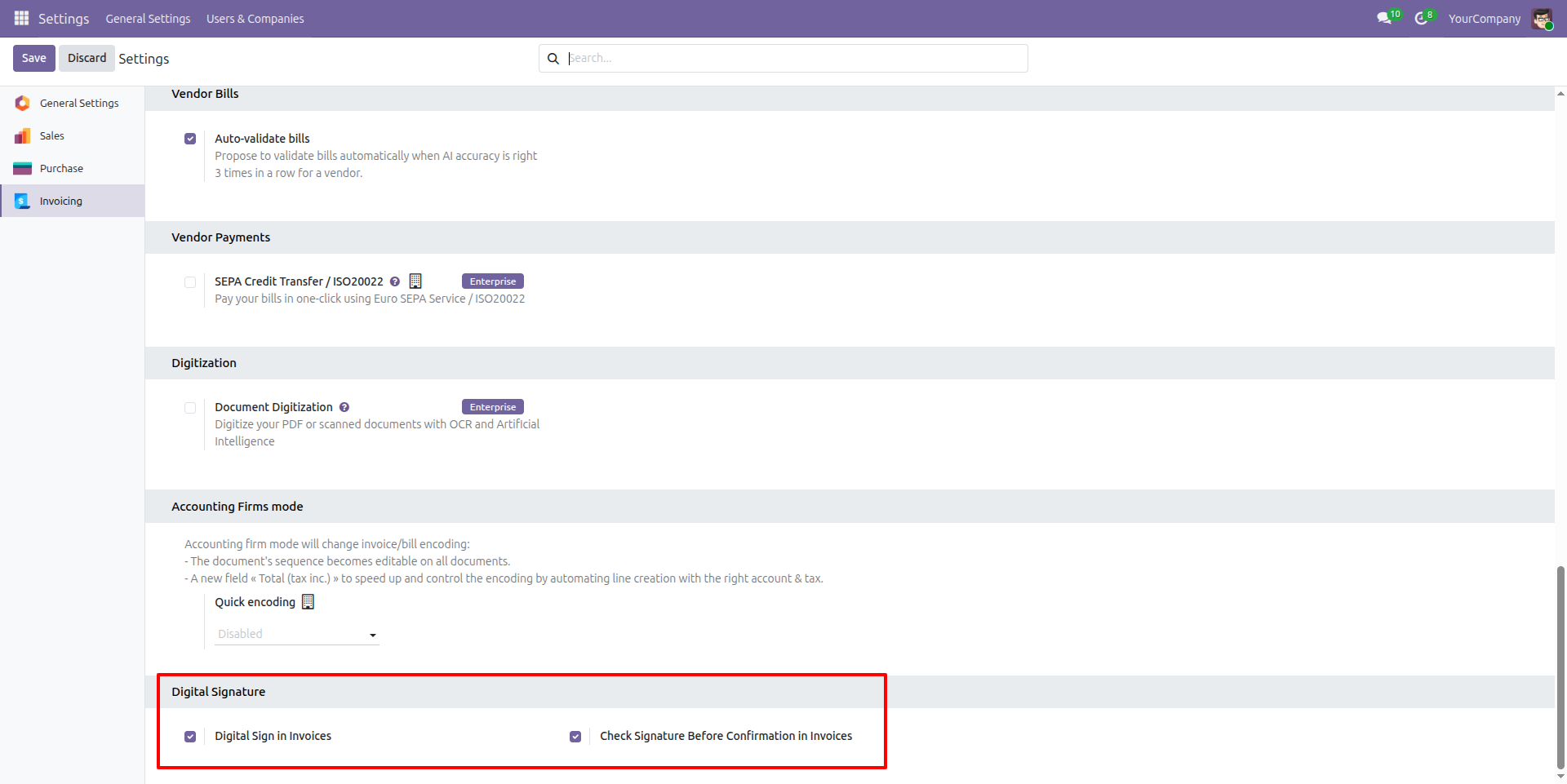 Invoice Digital Signature Settings