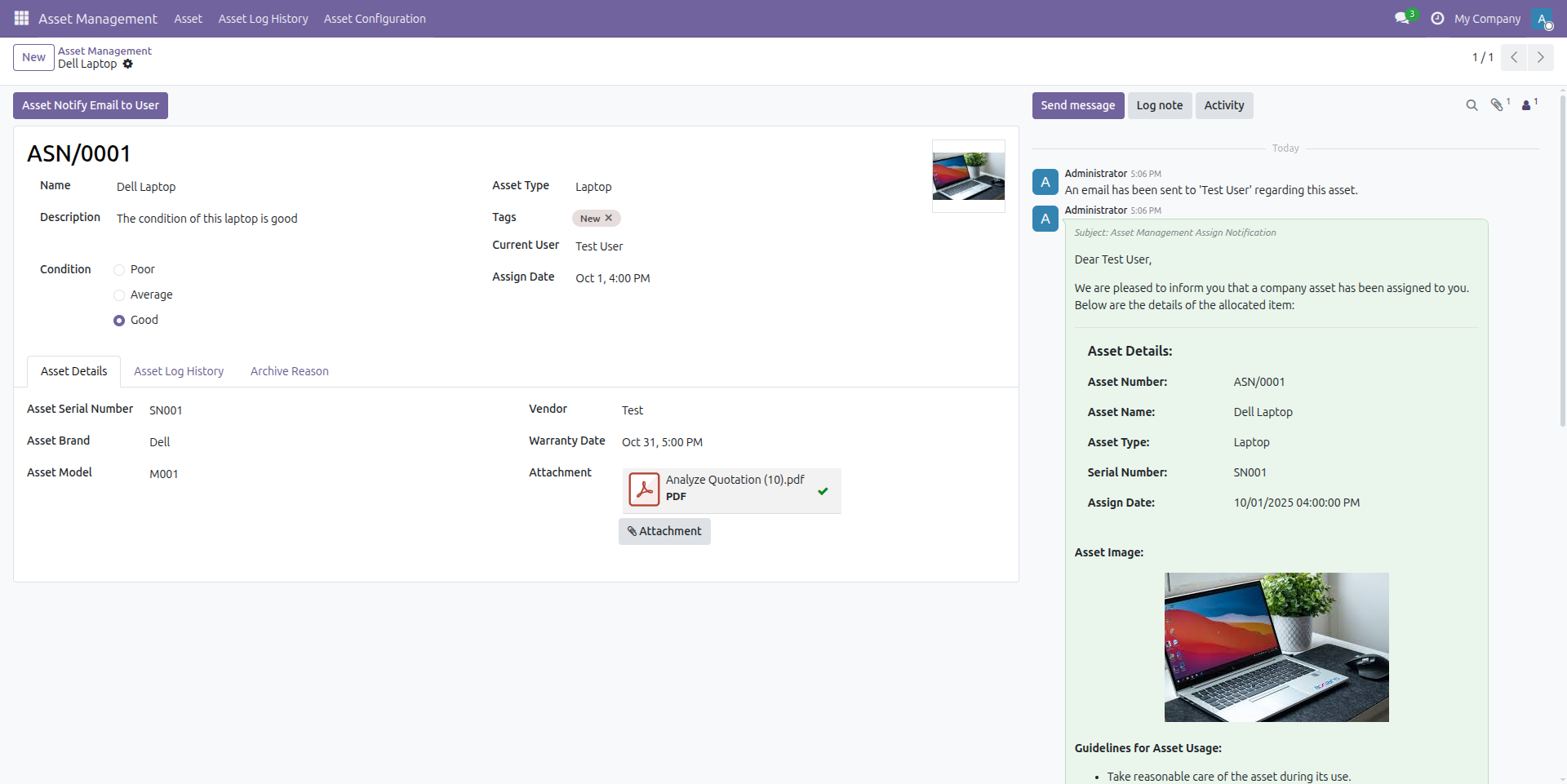 View of Created Asset Record