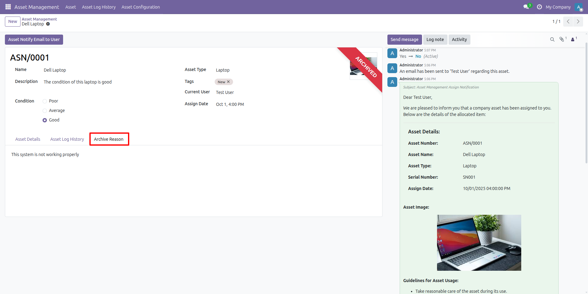 Archived Asset with Issue Description