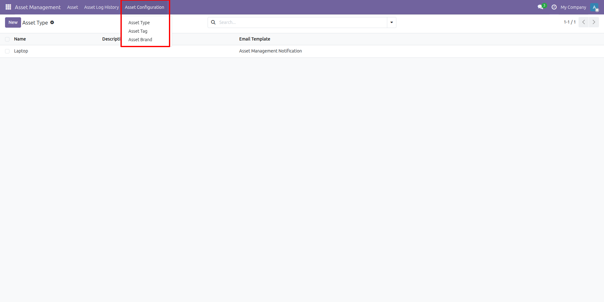 Configuration Menu for Asset Setup
