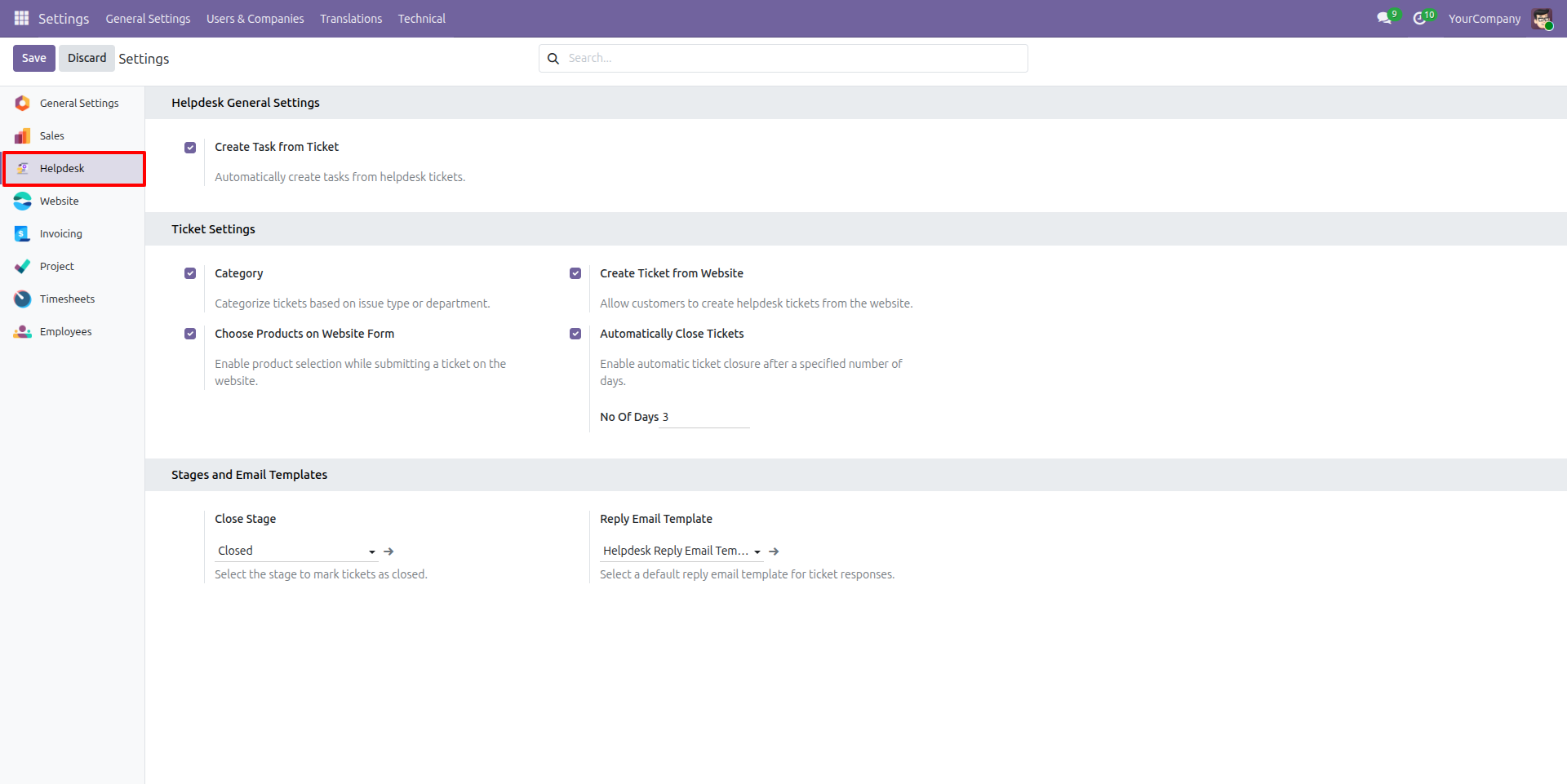 Website helpdesk configuration
