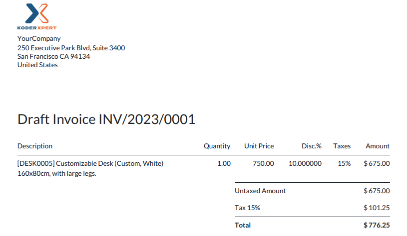 Draft Invoice with Highlighted Discount Amount Screenshot