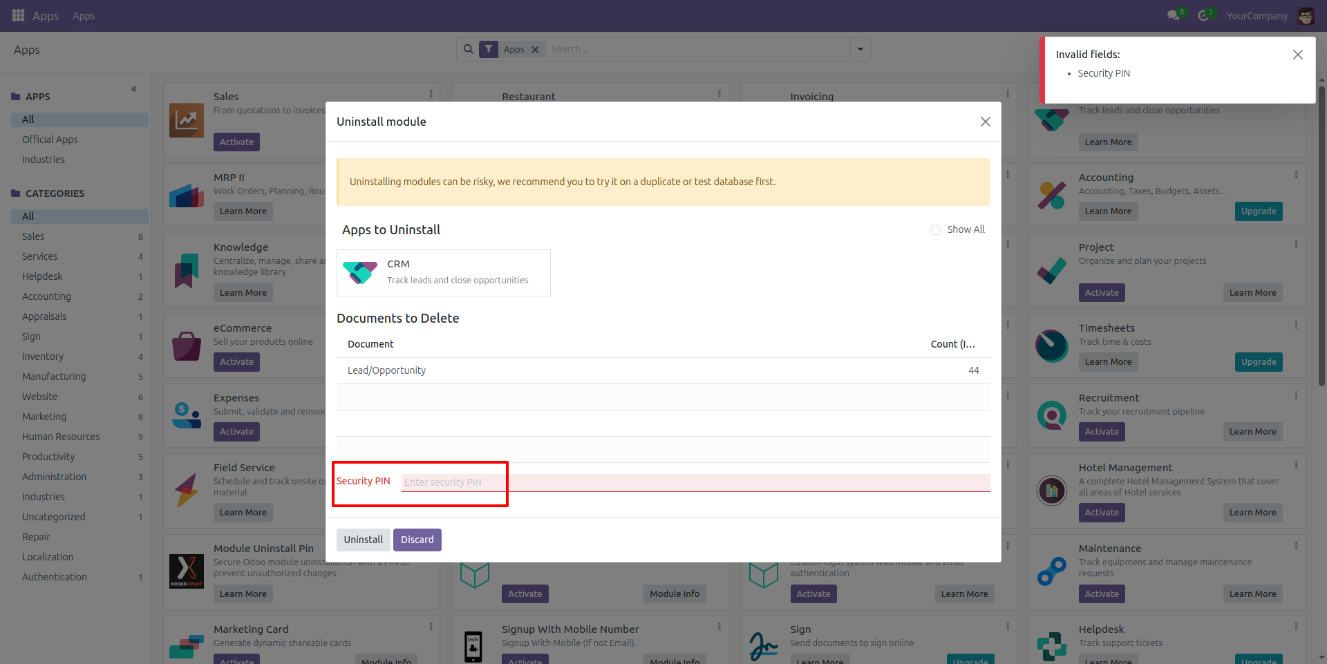 Security PIN Requirement for Module Uninstallation