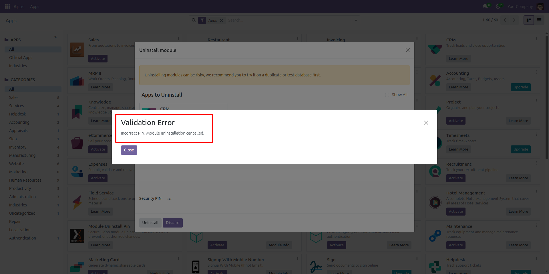 Incorrect PIN for Module Uninstallation