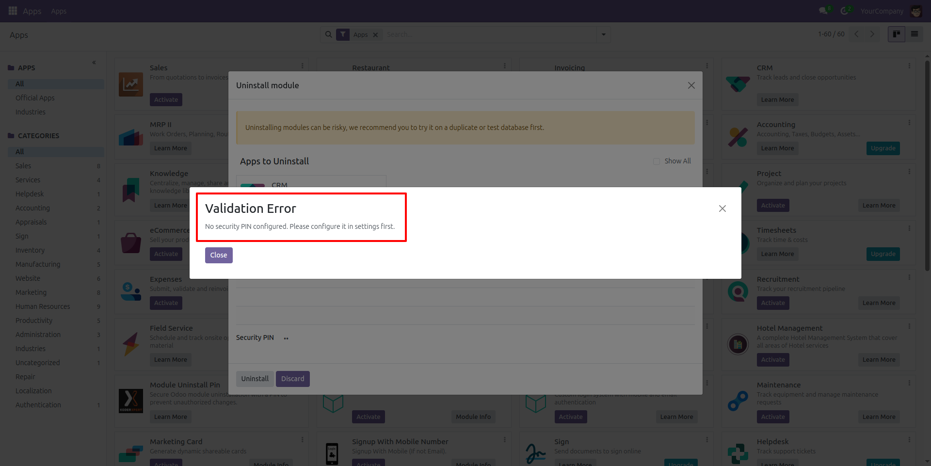 No Security PIN Configured