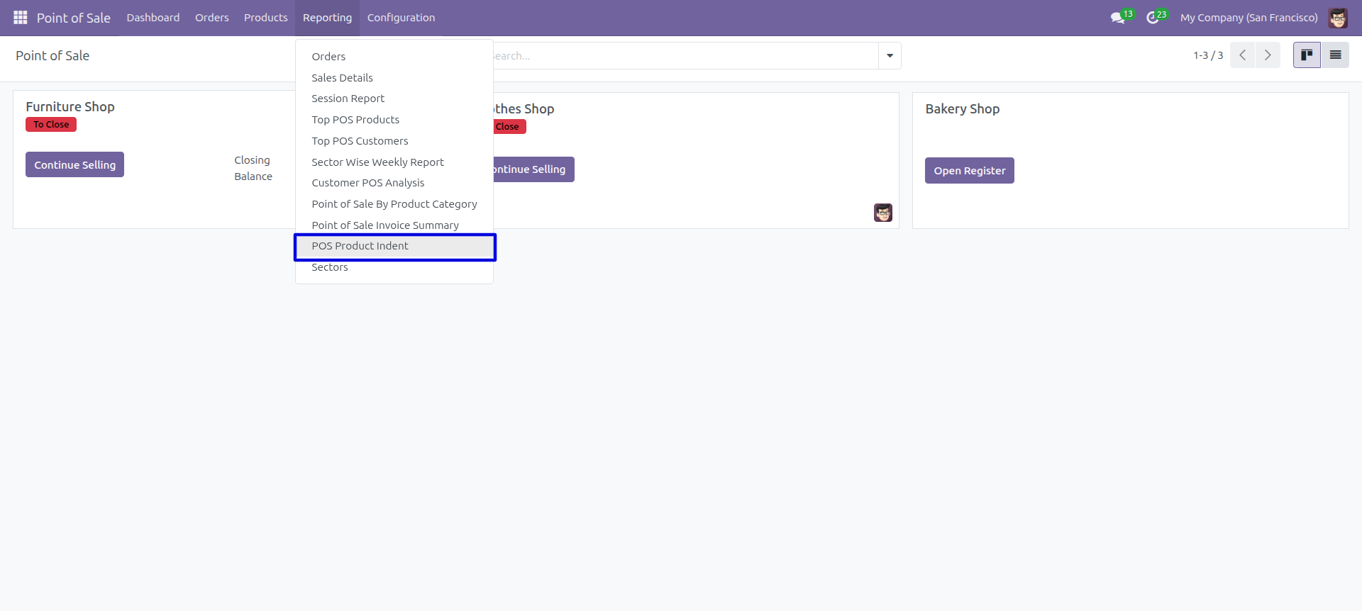 POS Product Indent Menu
