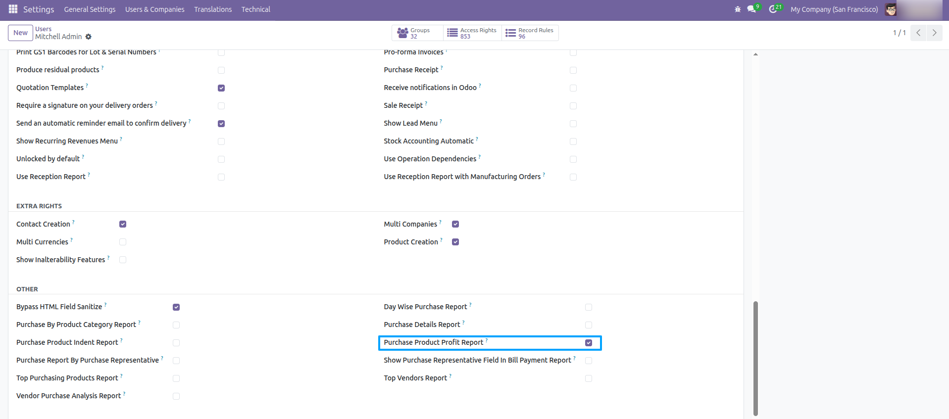 User settings - Purchase Product Profit Report