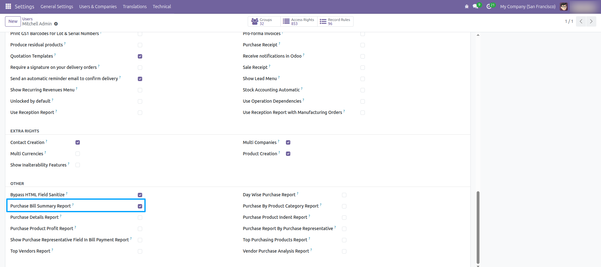 User settings - Purchase Bill Summary Report