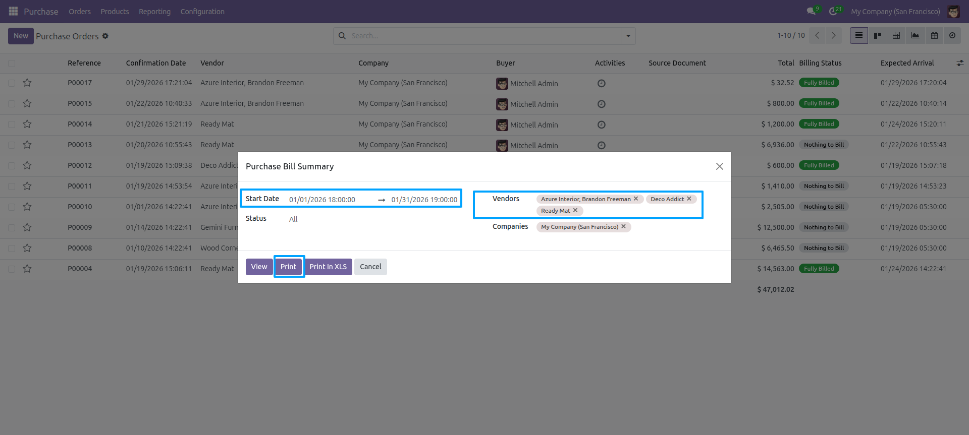 Purchase Bill Summary wizard