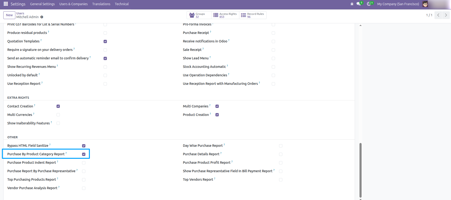 User settings - Purchase By Product Category Report