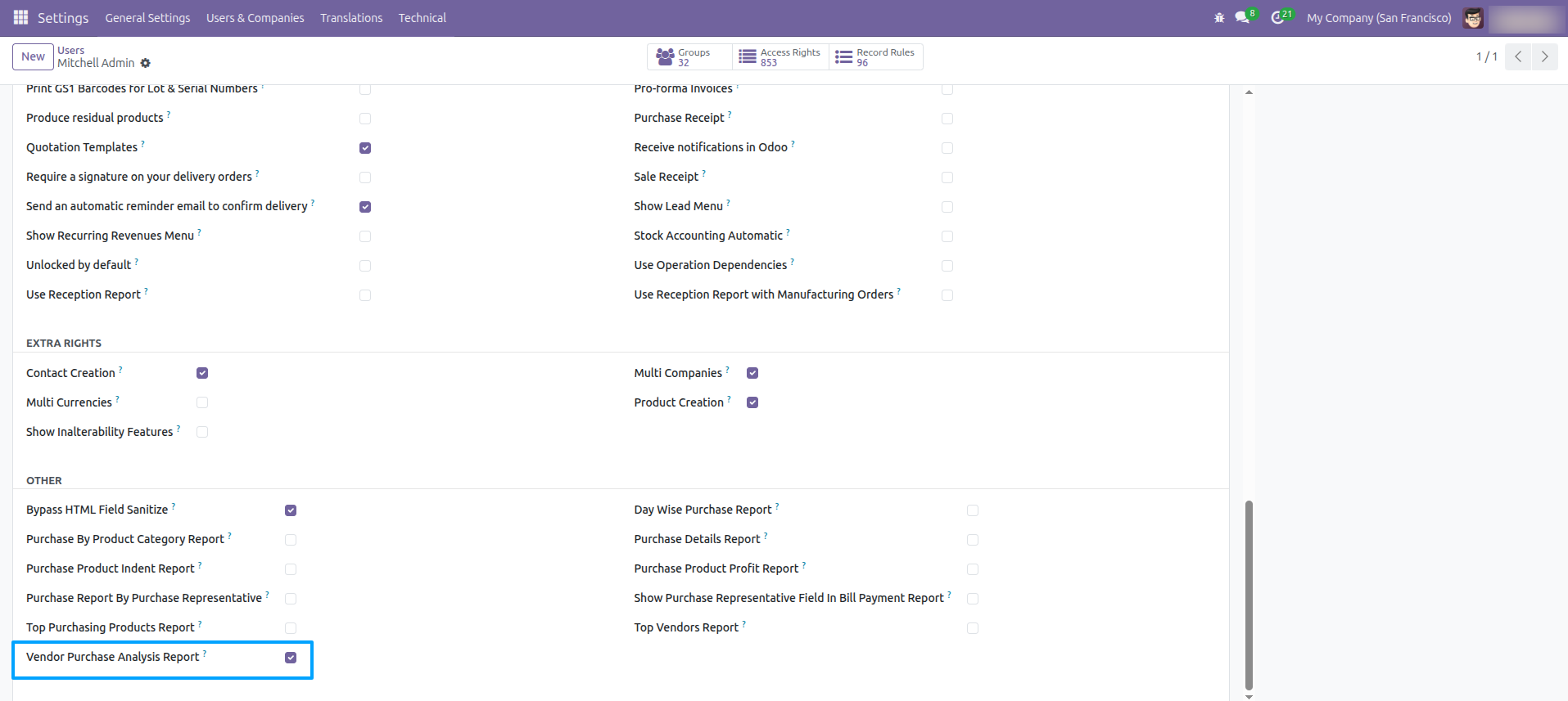 User settings - Vendor Purchase Analysis Report