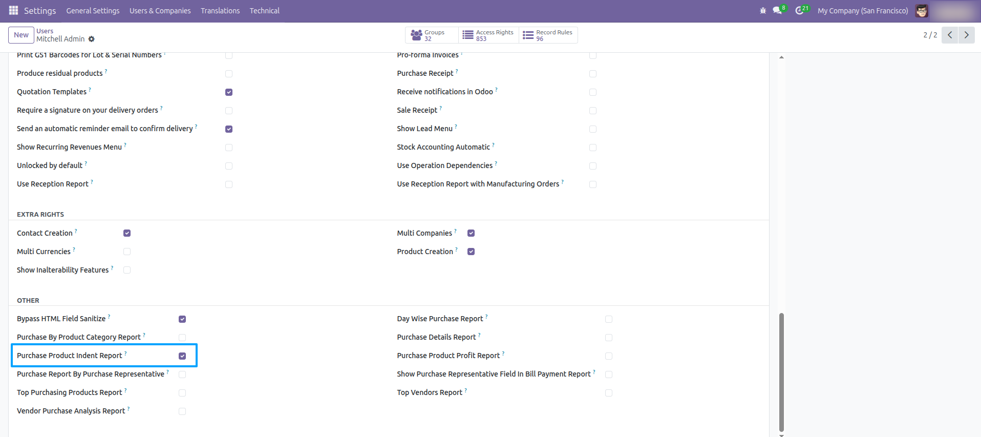 User settings - Purchase Product Indent Report