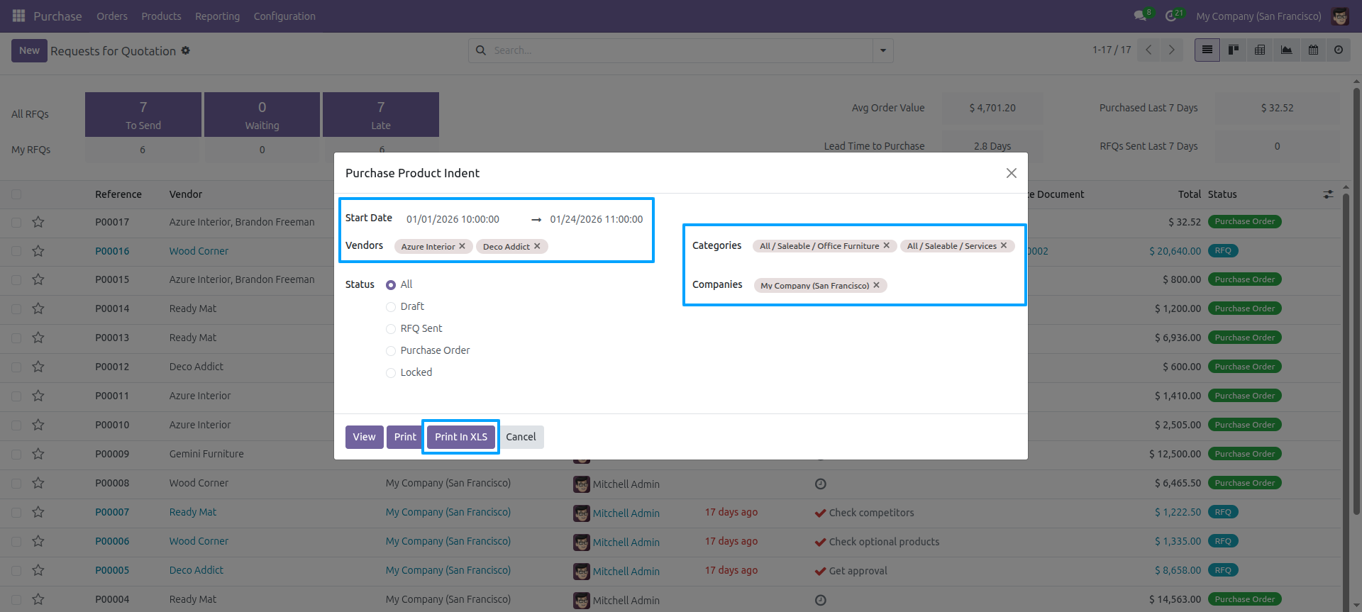 Print In XLS - Purchase Product Indent
