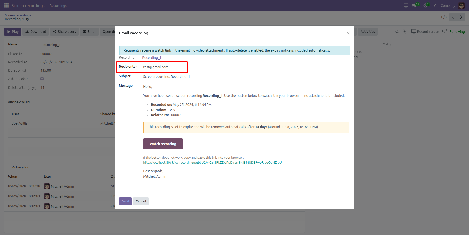 Send Screen Recording Links via Email
