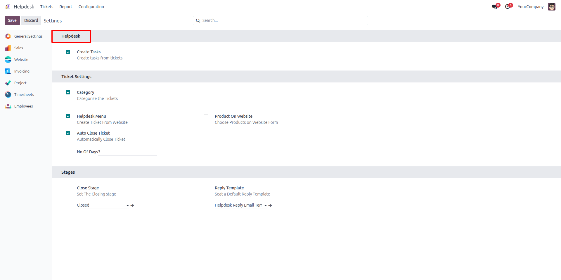 Website helpdesk configuration