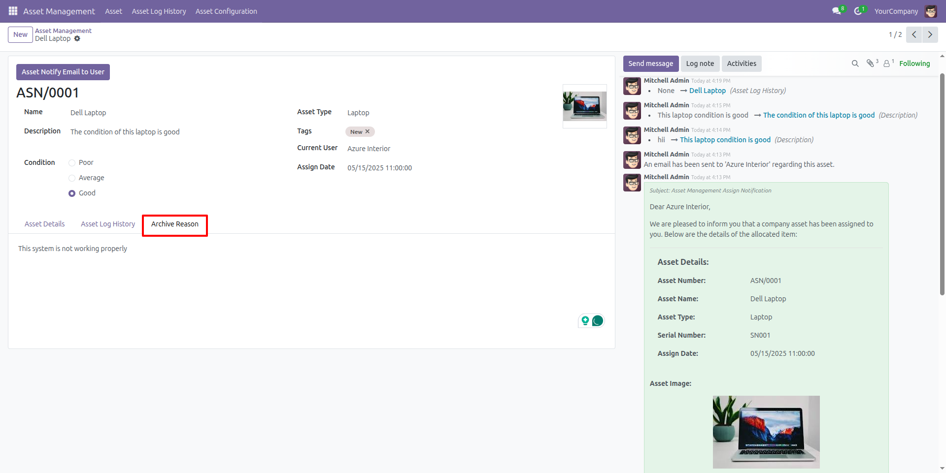 Archived Asset with Issue Description