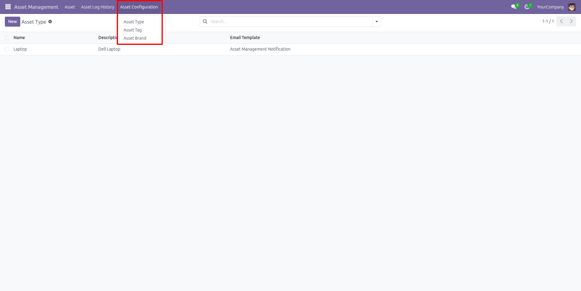 Configuration Menu for Asset Setup