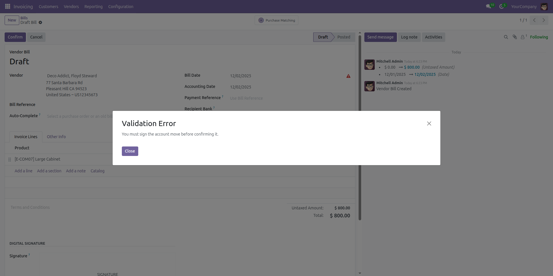 Vendor Bill Signature Validation