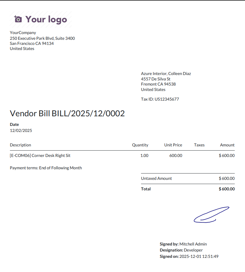 Vendor Bill PDF with Digital Signature