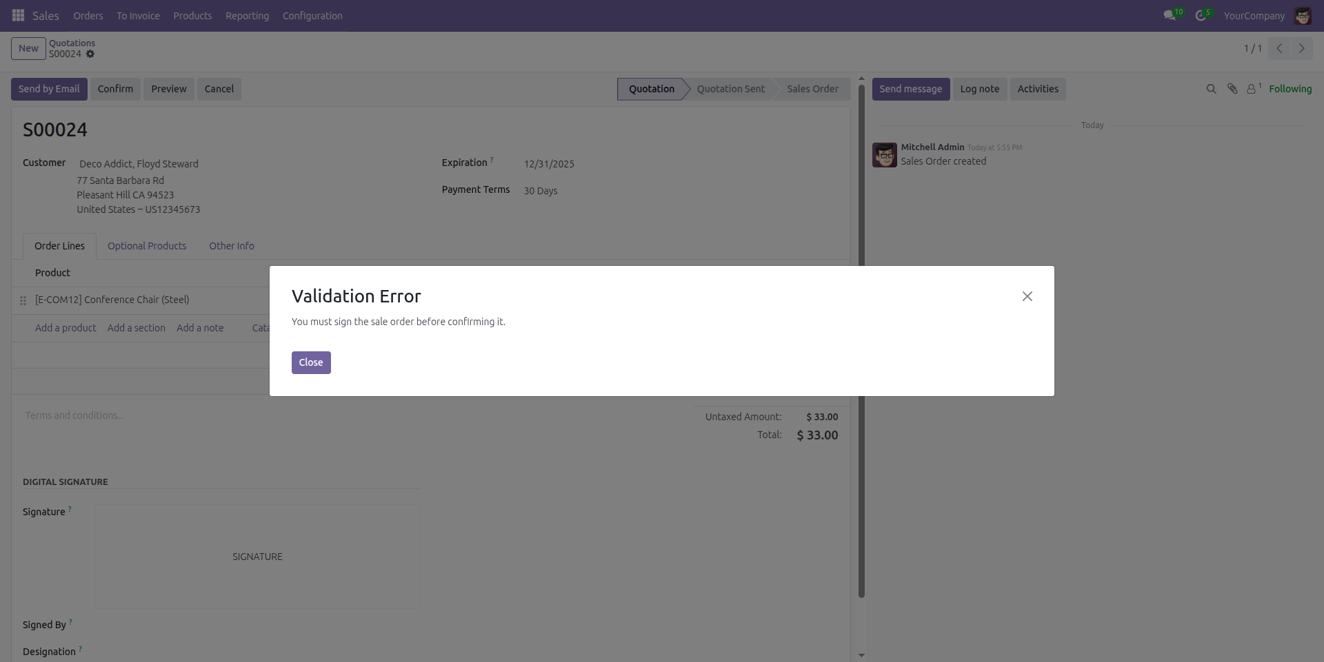 Sales Order Signature Validation