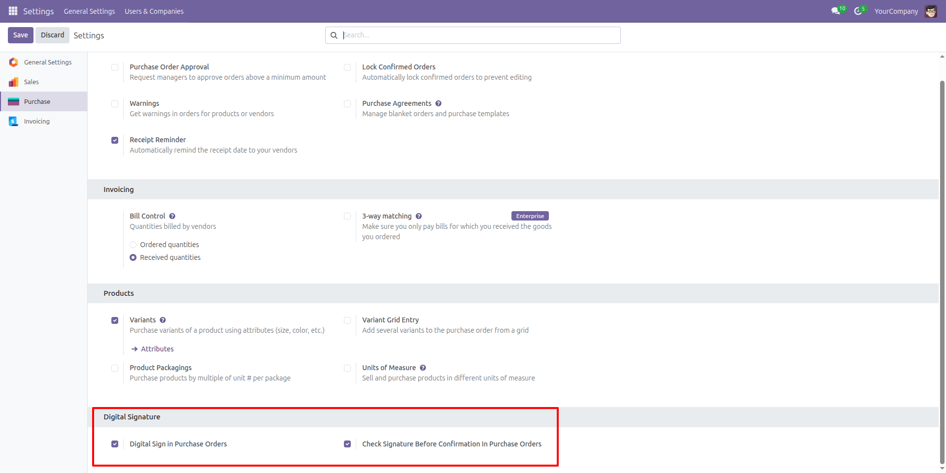Purchase Order Digital Signature Settings