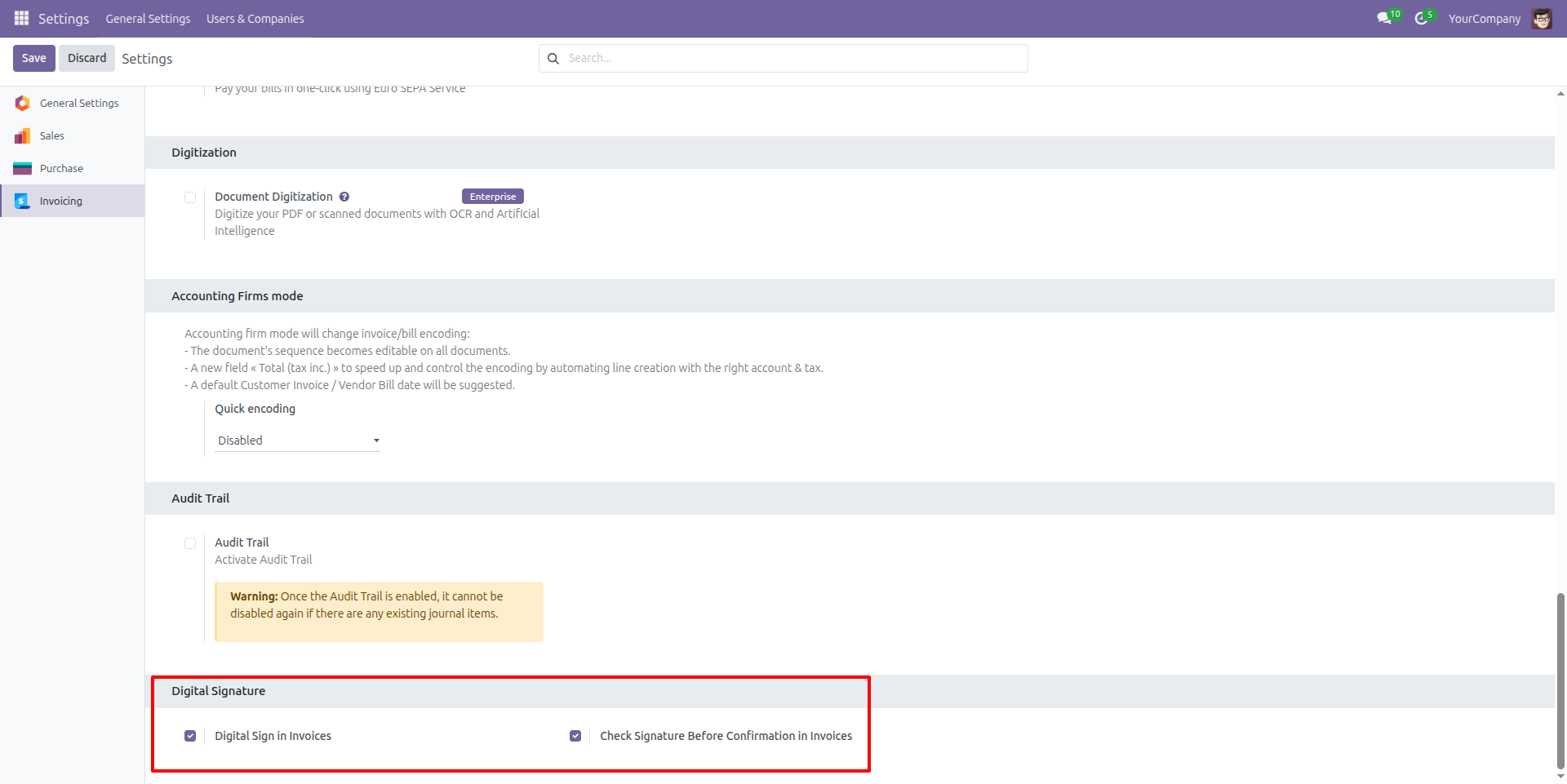 Invoice Digital Signature Settings