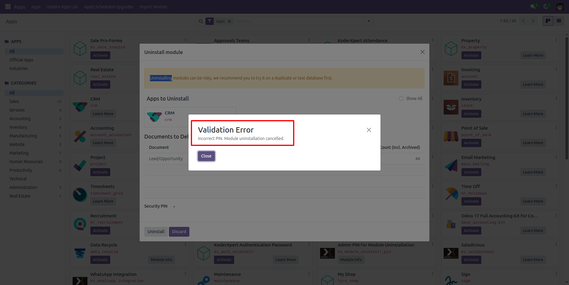 Incorrect PIN for Module Uninstallation