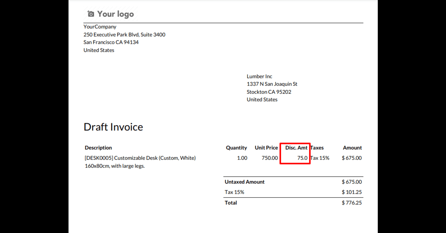 Draft Invoice with Highlighted Discount Amount Screenshot
