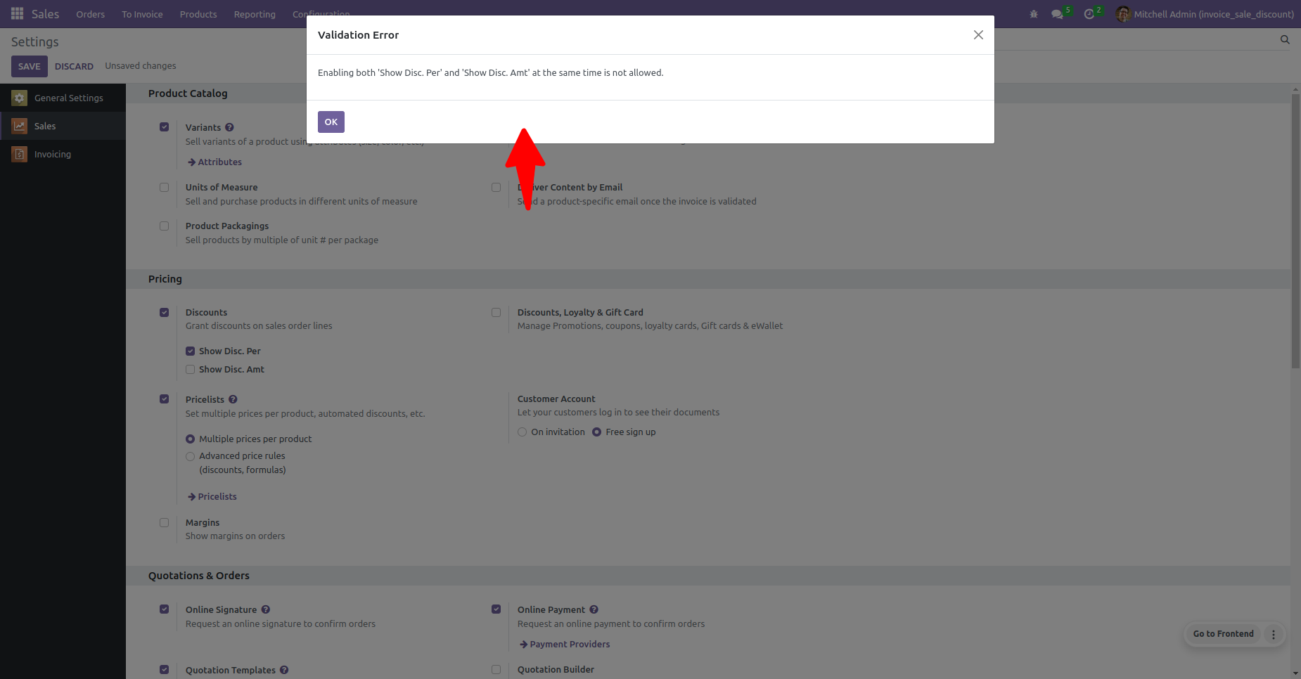 Validation Error for Discount Display Screenshot